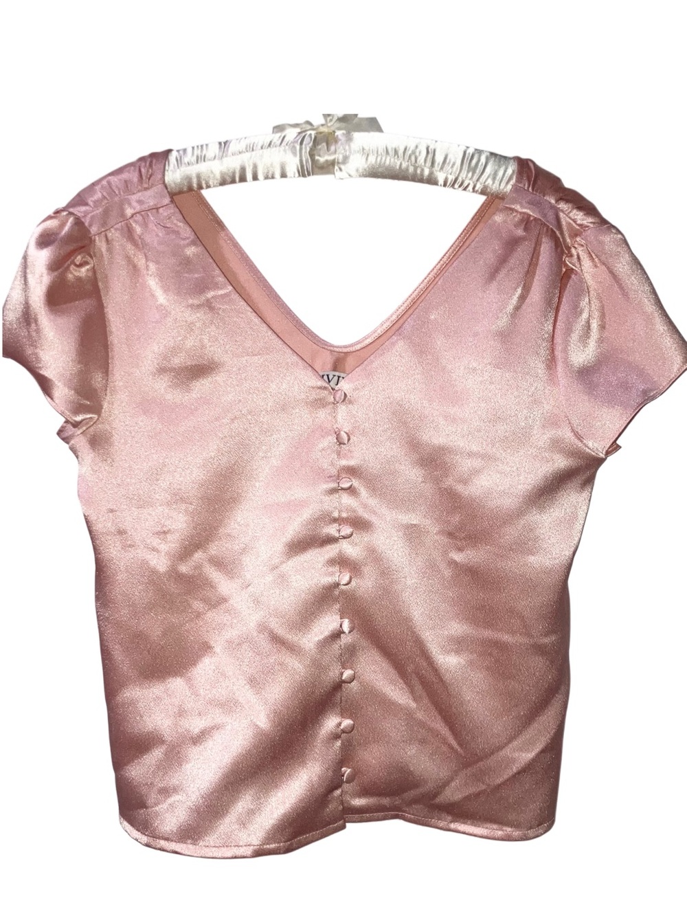 IVIVI Luxe Pink Stretch Satin Button Down Blouse Short Sleeve Work Career S NWT